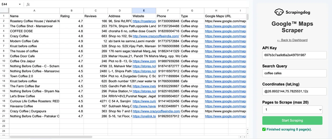 Scrapingdog Google Maps Scraper add-on pulling business data into Google Sheets