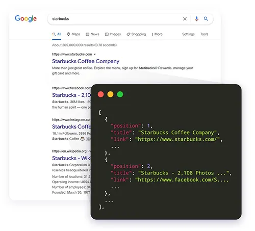 Google SERP results returned as structured JSON