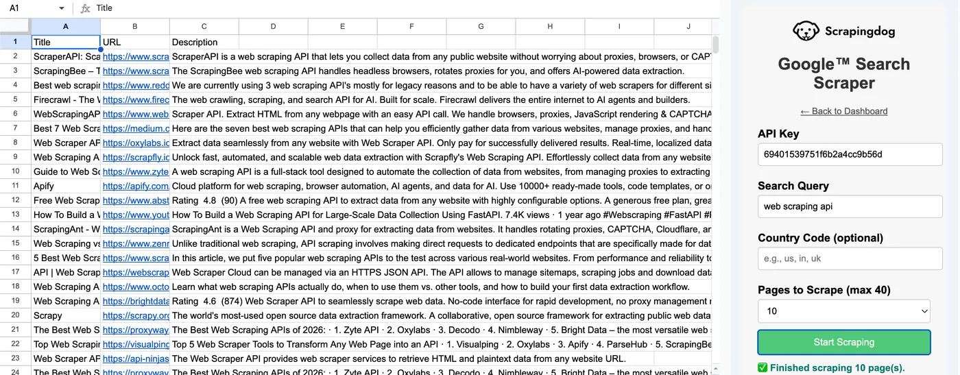 Scrapingdog Google Sheets add-on extracting SERP data